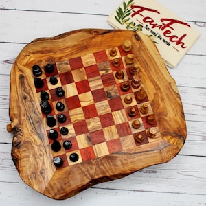 Rustic Olive Wood Chess Set M – Handmade – 35 cm Board with 32 Pieces – Natural Wood – Gift for Him – Home Decor – Unique Game
