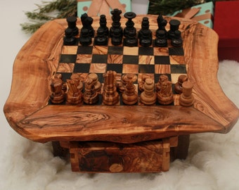 Chess set M rustic incl. 32 chess pieces made of olive wood / 35 cm, handmade