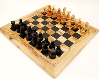 Chess set M rustic straight edge without or with. 32 olive wood chess pieces
