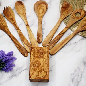 8-Piece Olive Wood Kitchen Utensil Set – Handmade Cooking Tools | Spatula, Spoon, Salad Servers | Eco-Friendly Kitchen Accessories
