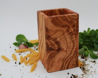 Utensil cup square, toothbrush cup made of olive wood / 15 cm, handmade