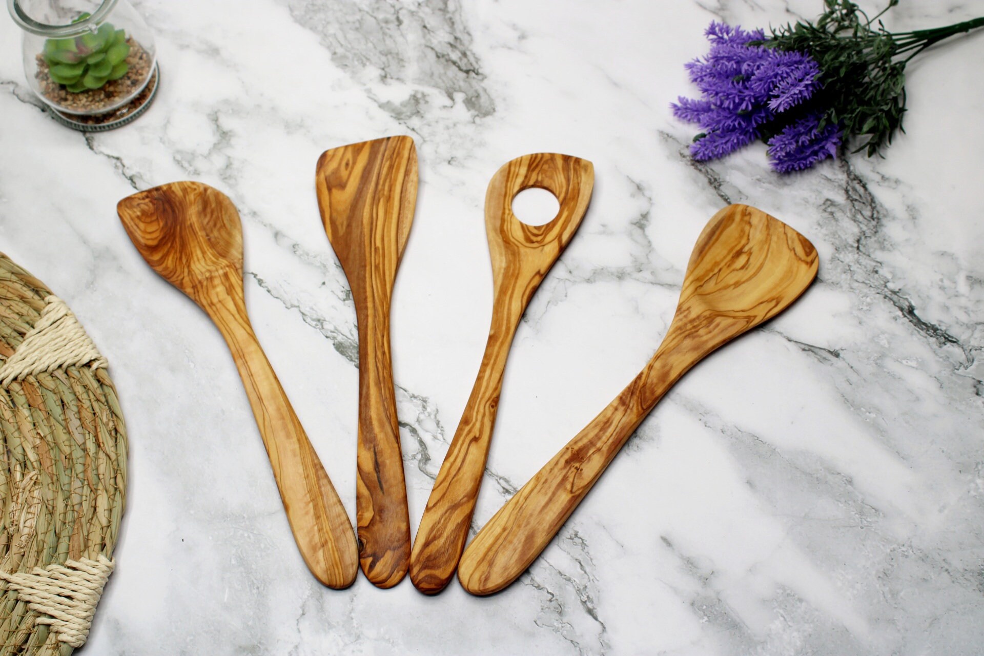 オリーブウッドの調理用スプーン 4 本セット |長さ30cm|ハンドメイド