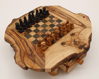 Schachspiel M rustikal inkl. 32 Schachfiguren, Schachtisch, aus Olivenholz, HANDMADE