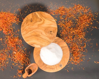 Boîte à sel avec couvercle magnétique, récipient à sel en bois d'olivier / Ø environ 10 cm, cadeau pour maman