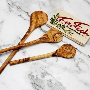 Cuchara de cocina redonda de madera de olivo: hecha a mano, sostenible, resistente al calor, de diferentes longitudes, utensilios de cocina de madera.