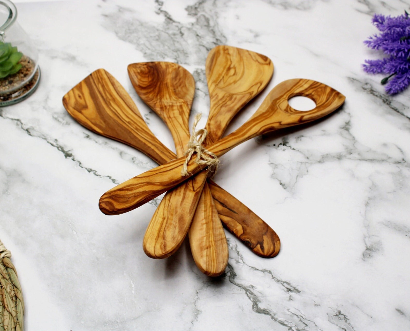 オリーブウッドの調理用スプーン 4 本セット |長さ30cm|ハンドメイド