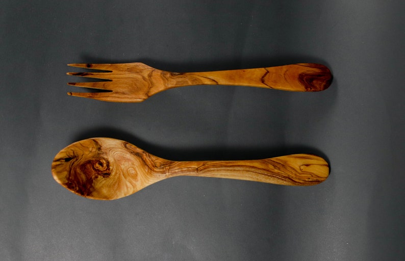 Set of 2 cutlery 2 pieces of olive wood cutlery fork spoon / 20 cm, handmade image 1