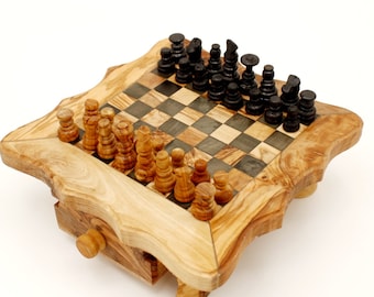 Jeu d'échecs S rustique avec 32 pièces d'échecs en bois d'olivier / 30 cm / FAIT MAIN