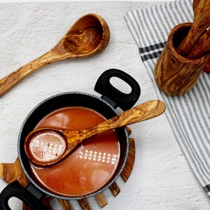 Handmade Olive Wood Ladle 30cm – Rustic Soup Ladle, Sauna Scoop, Wooden Serving Spoon – Natural Kitchen & Sauna Tool