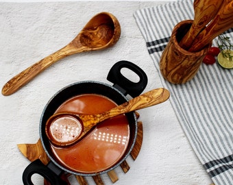 Handmade Olive Wood Ladle 30cm – Rustic Soup Ladle, Sauna Scoop, Wooden Serving Spoon – Natural Kitchen & Sauna Tool