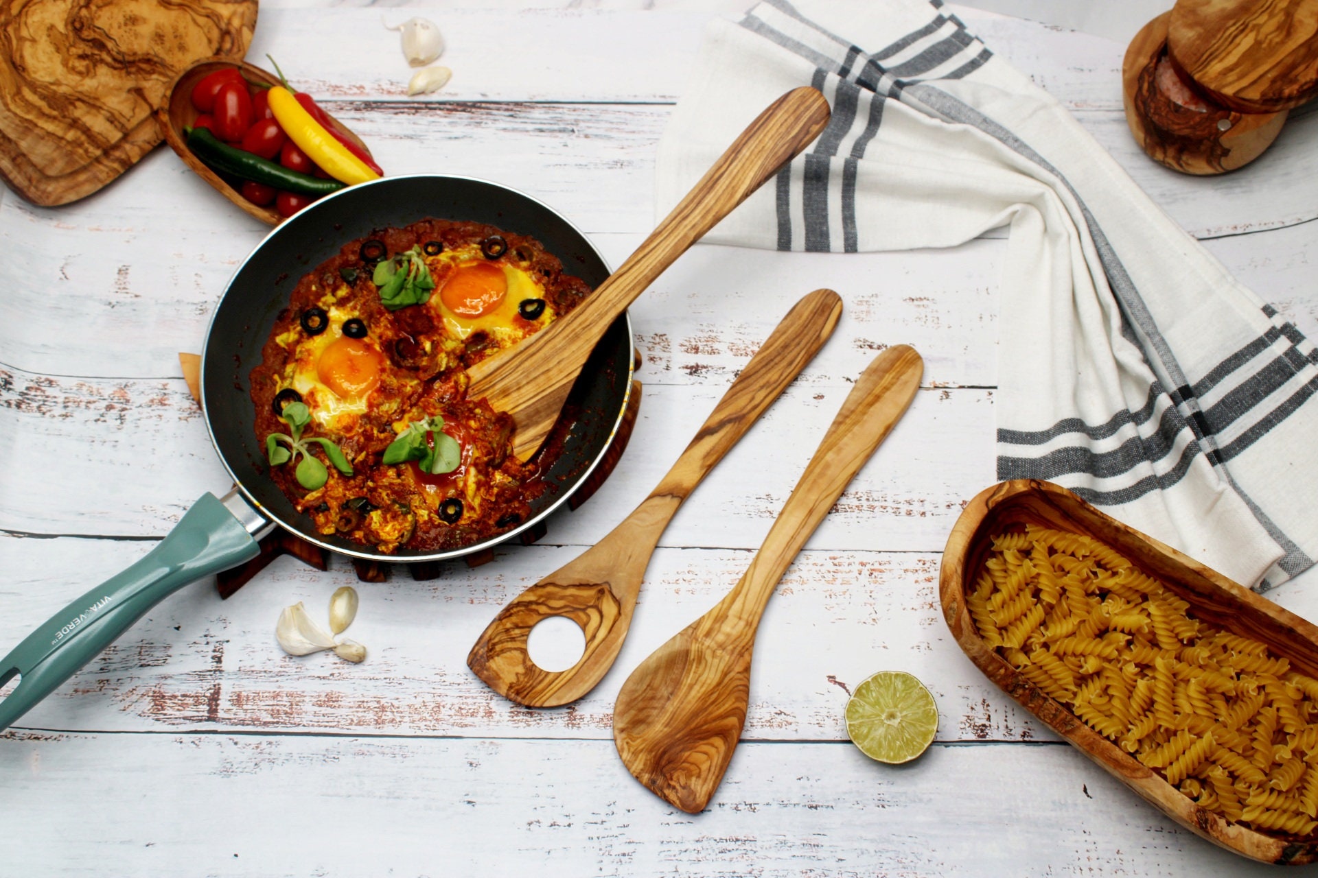 オリーブウッドの調理用スプーン 4 本セット |長さ30cm|ハンドメイド