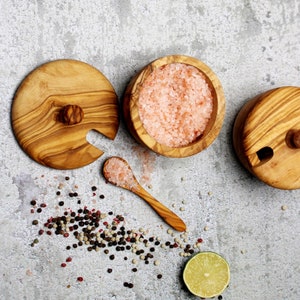 Handmade Olive Wood Spice Jar with/without Spoon | Sugar Bowl Natural Wood | Rustic Kitchen Storage | Olivewood Container