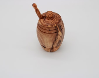 Olive wood honey pot with lid with honey jar / H 18 cm / Handmade