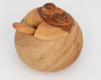 Box with spoon, sugar bowl, made of olive wood, spice box, salt box, handmade