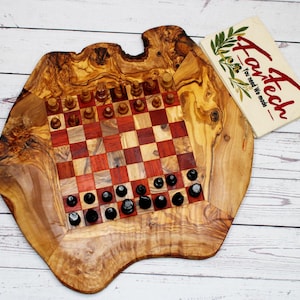 Rustic Olive Wood Chess Set – Medium Handmade Chess Table with 32 Wooden Chess Pieces – Olivewood Chess Board – Gift for Chess Lovers