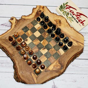 Rustic Olive Wood Chess Set – Handmade Chess Board with 32 Chess Pieces, Wooden Game, Gift for Chess Lovers, Unique Rustic Decor