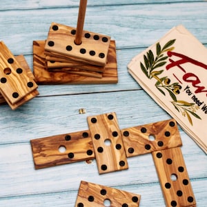 Olive Wood Domino Set – Handmade – 28 Domino Tiles with Holder – Rustic Wooden Game – Gift for Adults & Kids – Natural Wood