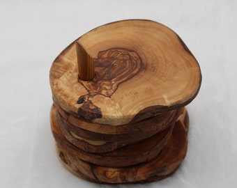 Set of 6 coasters with holder, rustic glass coasters, olive wood, handmade