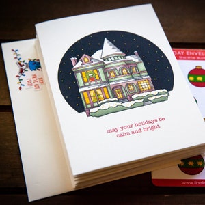 Lot de 10 cartes de Noël maison victorienne avec enveloppes et autocollants assortis | Jeu de cartes de Noël | Cartes de vœux vierges |