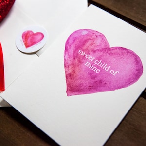 Carte de Saint-Valentin enfant / Sweet Child of Mine / Carte d’anniversaire / Carte aquarelle / Carte de note vierge / Carte inspirée des années 80 / Carte de vœux vierge