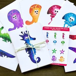 de 8 cartes pour notes, créatures marines assorties | Cartes vierges assorties | Jeu de cartes et enveloppes | Stickers scellés pour enveloppes | Jeu de cartes de voeux vierges