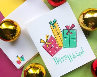 Jeu de 8 cartes de Noël modernes Mid-Century Happy Holidays avec enveloppes assorties | Cartes de vœux vierges |