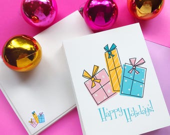 Mid-Century Modern Christmas Cards: Pastel Presents, Happy Holidays (8 Pack with matching envelopes)