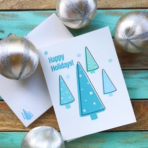 Jeu de 8 cartes de Noël sapins verts modernes Mid-Century avec enveloppes assorties | Cartes de vœux vierges |