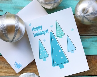Mid-Century Modern Christmas Cards: Green Trees, Happy Holidays (8 pack with matching envelopes)