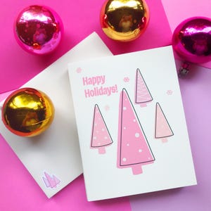 Lot de 8 cartes de Noël Mid-Century modernes avec arbres roses et enveloppes assorties | Cartes de vœux vierges |