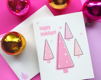 Mid-Century Modern Pink Christmas Tree Card Set (8) with Matching Envelopes