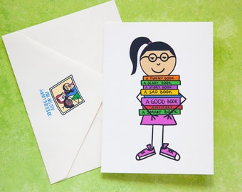 Book Lovers Notecard / Card for Readers / Friend Card / Blank Greeting Card /Bookworm Card / Asian Girl Reading / Card for Librarian