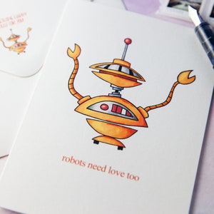 Les robots ont besoin d’amour aussi | de cartes | de cartes robot Robot rétro |  robot vintage | | d’illustration de robot Carte de notes vierge / Carte de vœux vierge