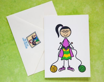 Knitters Gonna Knit Card / Card for Knitters / Friend Card / Knitting Card / Asian Girl Knitting / Matching Envelope