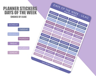 Days of the Week Stickers - Lilac - 1 sheet | Journal stickers | Journaling stickers | days of the week planner stickers