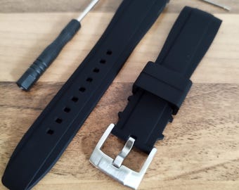 Cinturino per orologio in gomma nera curva, 20/22 mm, con strumento e perni