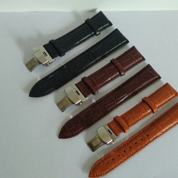 Voor Tissot/Citizen/Seiko/Mont Blanc Watch Real Leather Strap Band met vlinder dubbele push up zilveren sluiting 18/19/20/21/22/24 gratis gereedschap