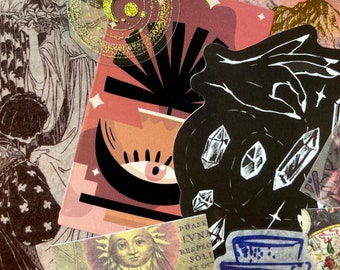 May include: A collage of stickers featuring a variety of designs, including a crescent moon, a hand with crystals, an eye, and a bottle with a cork. The stickers are on a background of vintage illustrations and gold foil.