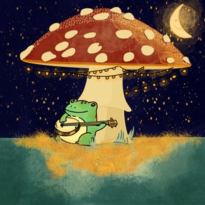 May include: A green frog playing a banjo under a red and white mushroom with string lights. The mushroom is decorated with white spots and the background is a dark blue night sky with stars.