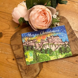 Tarjeta del castillo de Edimburgo, tarjetas navideñas escocesas, tarjetas navideñas celtas de Edimburgo, tarjetas de acuarela con pintura, castillos escoceses, capital de Escocia