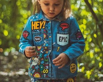 DENIM SHIRT - Hand painted personalised denim shirt with embroidered patches and empowering messages for kids, unique ZARAdreamalnad design