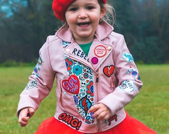 PINK LEATHER JACKET, Personalised hand painted ZARAdreamland bespoke faux biker jacket with embroidered patches and empowering messages