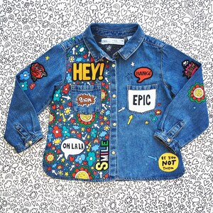 DENIM SHIRT Hand painted personalised denim shirt with embroidered patches and empowering messages for kids, unique ZARAdreamalnad design image 7