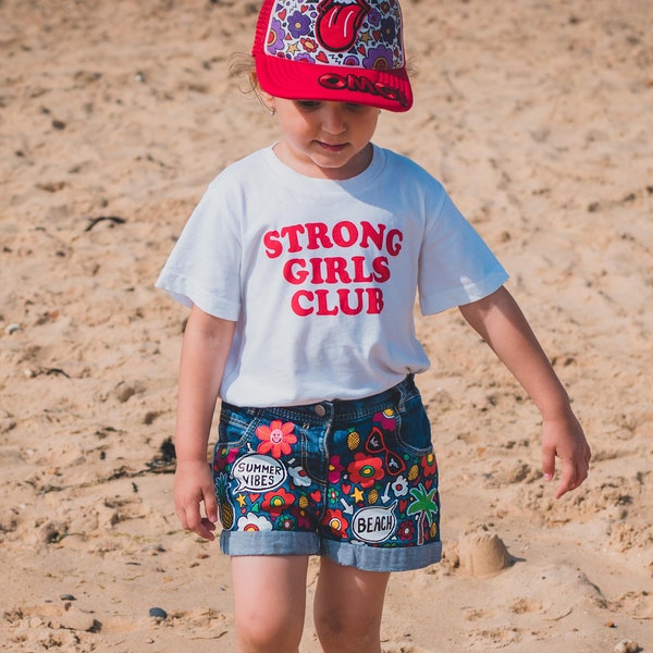 DENIM SHORTS - Hand painted personalised denim shorts with embroidered patches and empowering messages for kids, Unique ZARAdreamland style