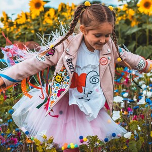 PINK POM POM Tutu skirt, Personalised custom pom pom tulle skirt with embroidered patches and bow, unique ZARAdreamland style for kids