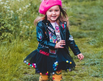 BLACK POM POM Tutu skirt, Personalised custom pom pom tulle skirt with embroidered patches and bow, unique ZARAdreamland style for kids