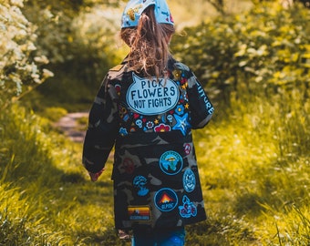 CAMO JACKET Hand painted personalised light jacket with embroidered patches and empowering messages for kids, unique ZARAdreamland style