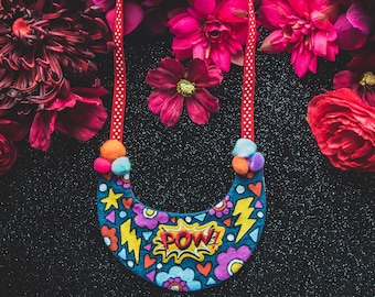 DENIM BIB NECKLACE - hand painted, necklace with pompoms and embroidered patch inspired by comics, unique, bespoke ZARAdreamland style