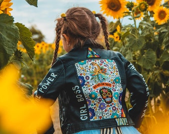 BLACK BIKER JACKET, Personalised hand painted ZARAdreamland bespoke faux leather jacket with embroidered patches and empowering messages