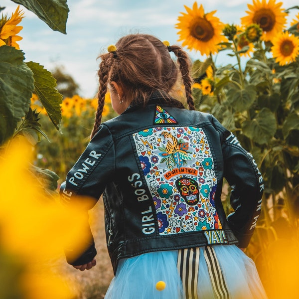 BLACK BIKER JACKET, Personalised hand painted ZARAdreamland bespoke faux leather jacket with embroidered patches and empowering messages